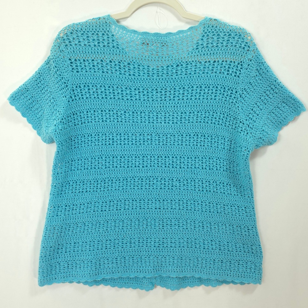 Turquoise Blue Crochet Cardigan Button Front Layering M Short Sleeve Cottagecore - Picture 2 of 10